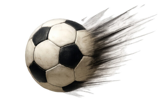 Soccer ball flying fast, creating dynamic motion blur, representing speed, power, and competition, isolated on transparent background