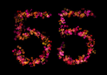 Number fifty-five, 55 made with multicolored bokeh lights effect, Bokeh on black background, Digit, Blur, Glitter, Defocused, Seamless polka dot pattern, Illustration design