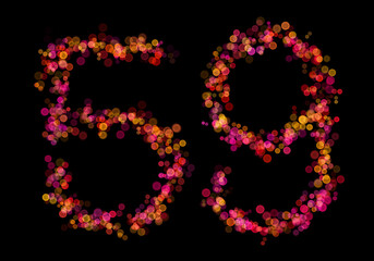 Number fifty-nine, 59 made with multicolored bokeh lights effect, Bokeh on black background, Digit, Blur, Glitter, Defocused, Seamless polka dot pattern, Illustration design