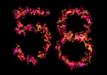 Number fifty-eight, 58 made with multicolored bokeh lights effect, Bokeh on black background, Digit, Blur, Glitter, Defocused, Seamless polka dot pattern, Illustration design