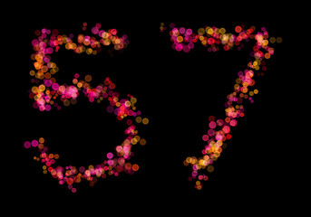 Number fifty-seven, 57 made with multicolored bokeh lights effect, Bokeh on black background, Digit, Blur, Glitter, Defocused, Seamless polka dot pattern, Illustration design