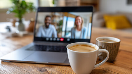 a person having a virtual coffee chat on a laptop screen, two smiling professionals talking over video call with coffee mugs in hand, cozy home office environment in the background