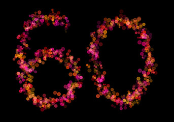 Number sixty made with multicolored bokeh lights effect, Bokeh on black background, Digit, Blur, Glitter, Defocused, Seamless polka dot pattern, Illustration design