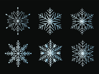 Six light blue gradient snowflakes on black winter cold