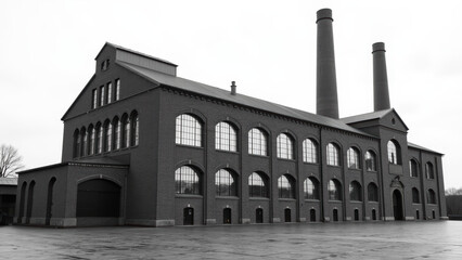 Historic industrial building with large arched windows and smokestacks, showcasing architectural design and urban landscape