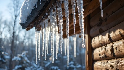Icicles hanging from the roof edge of a sunny log cabin in winter