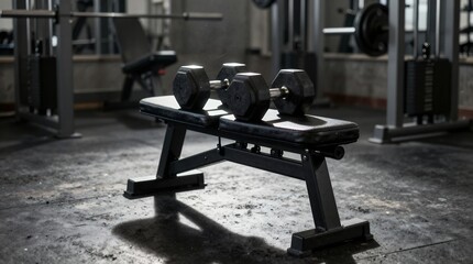 close up of gym dumbbells resting on workout bench in modern fitness center with industrial style