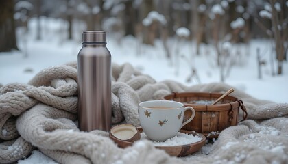 Cozy winter scene with thermos, cup, and blanket in snow