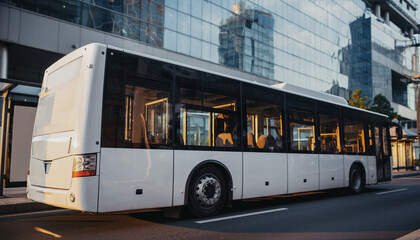 Modern white city bus waiting at a bus stop on an urban street, offering efficient public transportation for city commuters