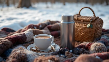 Cozy winter picnic setup with hot drink, thermos, and basket in snow