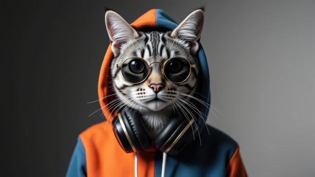 Stylish cat wearing hoodie and headphones, showcasing cool and trendy vibe. cat unique appearance and accessories create fun and playful
