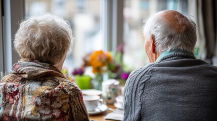 Elderly couple enjoying quiet Boxing Day tea near window, warm morning light, gentle atmosphere,