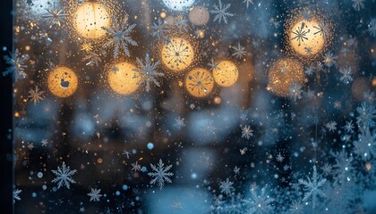 Bokeh lights and snowflake pattern seen through a frosty window