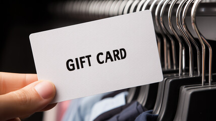 A person holding a gift card inside a clothing store representing retail choice convenience and the accessible nature of modern purchasing experiences.
