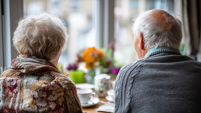 Elderly couple enjoying quiet Boxing Day tea near window, warm morning light, gentle atmosphere, - Powered by Adobe