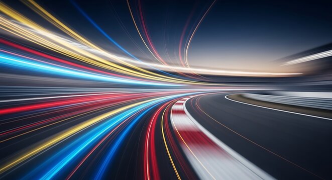 Abstract light trails over racetrack curve representing speed and motion