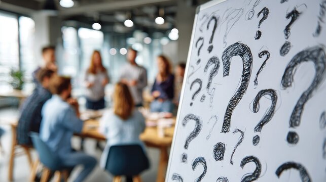Group Discussion with Question Marks on Board in Modern Office Setting