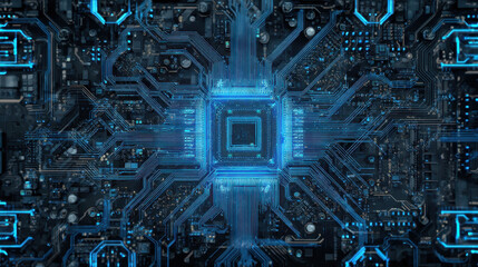 Fototapeta premium Cybernetic Nexus: An intricately detailed circuit board glows with cool blue light, emphasizing the interconnectedness and technological prowess. showcasing the heart of modern data processing.