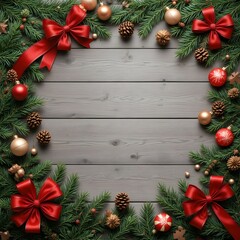 Christmas wreath border with red bows and ornaments on wood