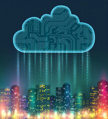 Digital Circuit Cloud Raining Binary Data on Smart City