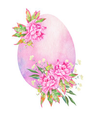 Pastel watercolor Easter egg in soft pink and lilac shades decorated with blooming peonies and delicate greenery. A bright spring holiday illustration perfect for Easter cards and seasonal projects.