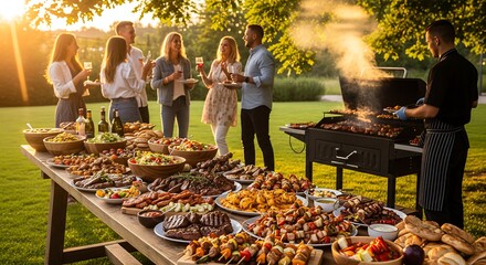 Friends and family enjoying a summer barbecue feast outdoors
