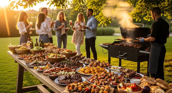 Friends and family enjoying a summer barbecue feast outdoors - Powered by Adobe