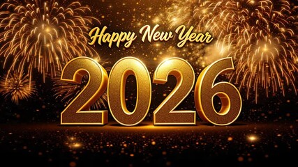 Happy New Year 2026 message with golden 3D text and exploding fireworks against a dark sky with sparkling glitter