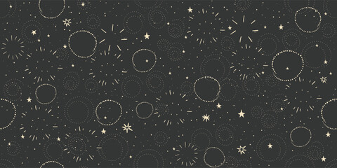 Seamless pattern with simple stars, fireworks, and dots on a black background. Abstract vector background for astrology, boho zodiac, and fortune telling. © Salomi art