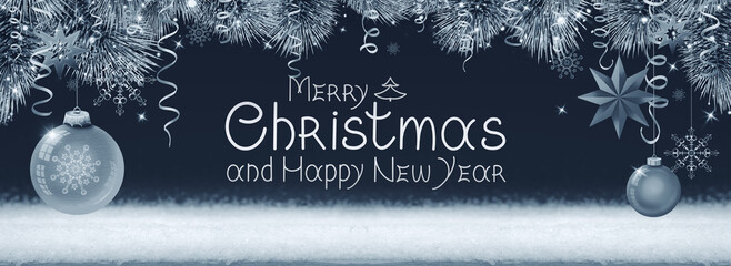 Merry Christmas border with gray fir tree branches and white snow.