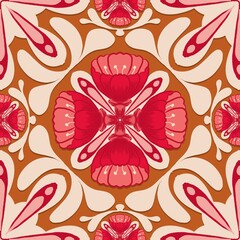 abstract floral background,red,pink,white curves ,painted create to flowershape, leaves, brown background in geometric patterns as sarong,fabric,tile,printed fabric,batik,tablecloth patterns.