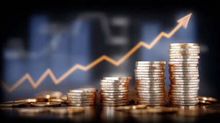 Stacks of coins increasing in height with a rising line graph representing financial growth investment success and the strategic pursuit of economic progress.
