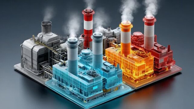 Power Plant Illustration: An intricately detailed illustration of a power plant showcases its complex machinery and diverse sections, releasing steam against a dynamic backdrop.