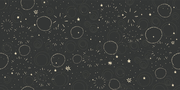 Seamless pattern with simple stars, fireworks, and dots on a black background. Abstract vector background for astrology, boho zodiac, and fortune telling.