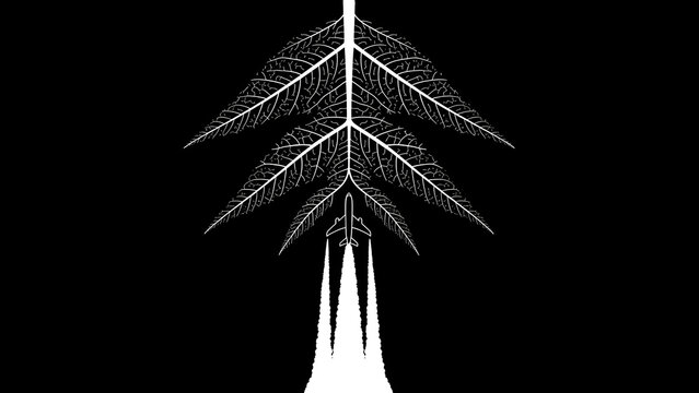 Striking aircraft silhouette soaring through abstract tree branches at night