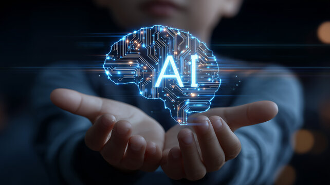 A child presenting a glowing artificial intelligence brain hologram that symbolizes learning innovation and the transformative potential of modern technology.
 - Powered by Adobe