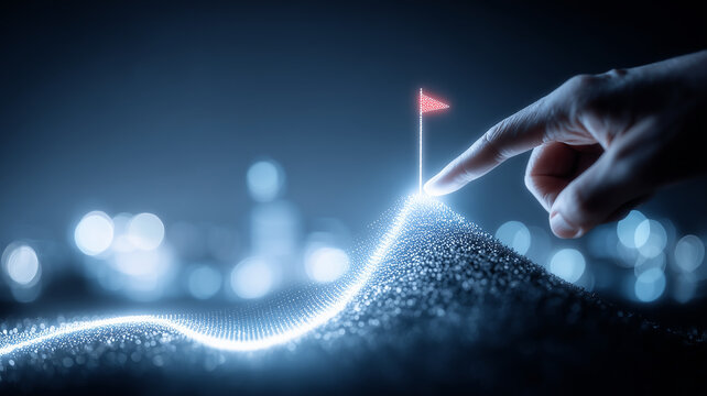 A conceptual representation of a strategic objective highlighted by a fingertip touching a rising digital landscape that symbolizes direction growth and long term achievement.
