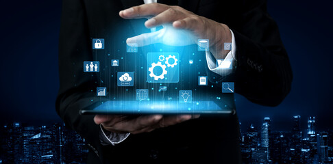 A concept of business operations and enterprise system integration. The components of a company including security, data, and cloud infrastructure. Motif