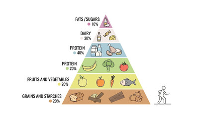 A colorful food pyramid illustrating different food groups and their recommended daily intake percentages, including grains, 