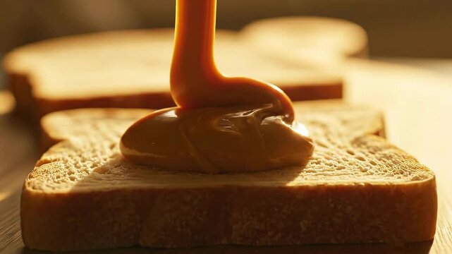 Peanut Butter Being Poured onto Bread Slice Close Up Breakfast Snack