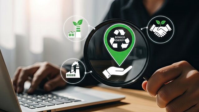 Person using laptop with digital icons representing sustainability and environmental responsibility in business