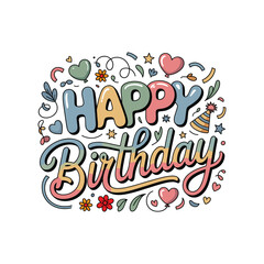 Colorful Happy Birthday Lettering Illustration with Decorative Elements