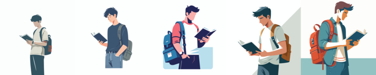 vector of a male student standing reading a book