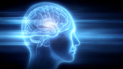 A digital brain interface concept presented as a translucent human profile with an illuminated neural structure symbolizing advanced cognitive processing and technological evolution.
