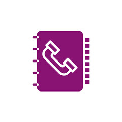 Purple address book icon with phone receiver symbol isolated on transparent background