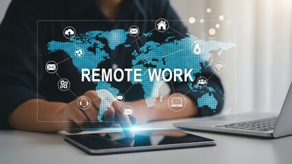 Person using tablet with remote work hologram overlay showing global connections and icons