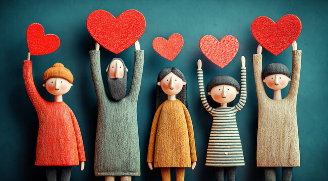 Colorful figurines holding red hearts showing love and togetherness