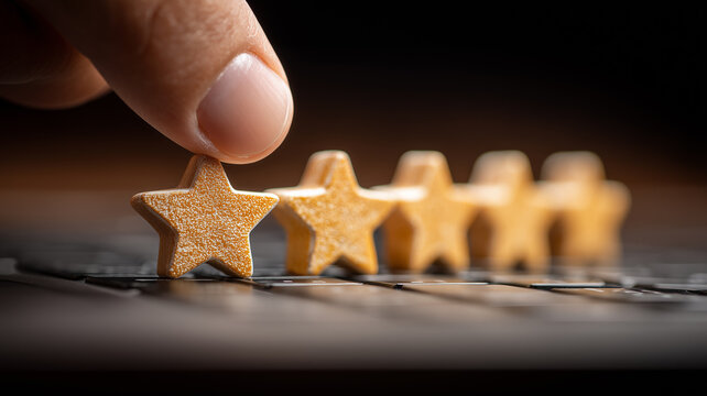 A service review concept showing a hand placing a golden star on a keyboard, symbolizing customer approval, product ranking and professional quality acknowledgment.
