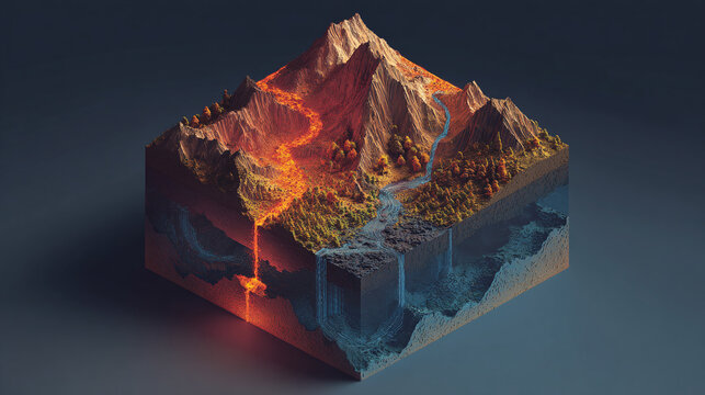 An artistic geological cross-section featuring a fiery landscape and cascading waterfalls within a cubic form. It highlights the layers of earth, water, and fire