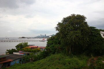 A scenic coastal view with a long pier extending into the sea, framed by lush green trees and hillside buildings under an overcast sky.